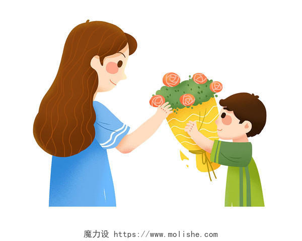 彩色手绘卡通母亲节手绘给妈妈送花的小男孩元素PNG素材